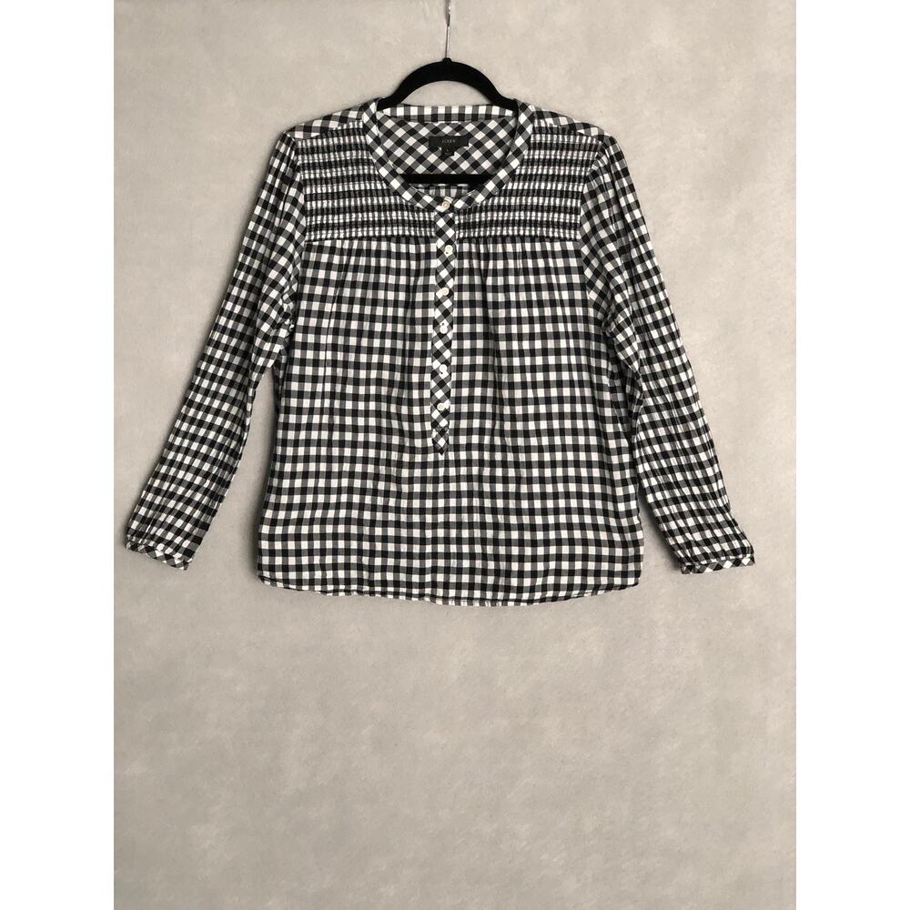 J. Crew Women's Size Large Smocked Pop-Over Top Crinkle Gingham Black & White